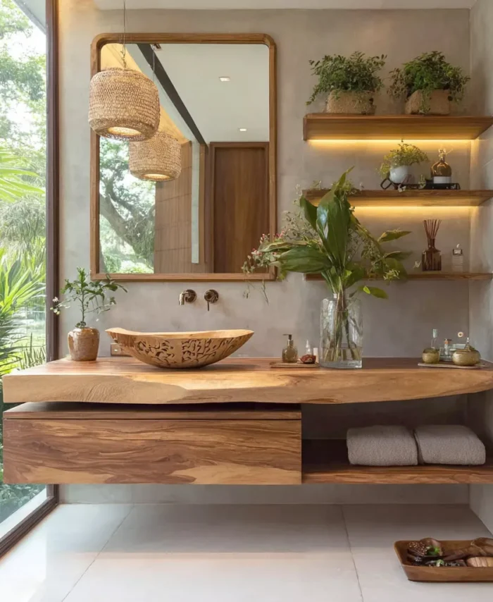 Live Edge Floating Bathroom Vanity Solid Wood Sink Cabinet with Drawer